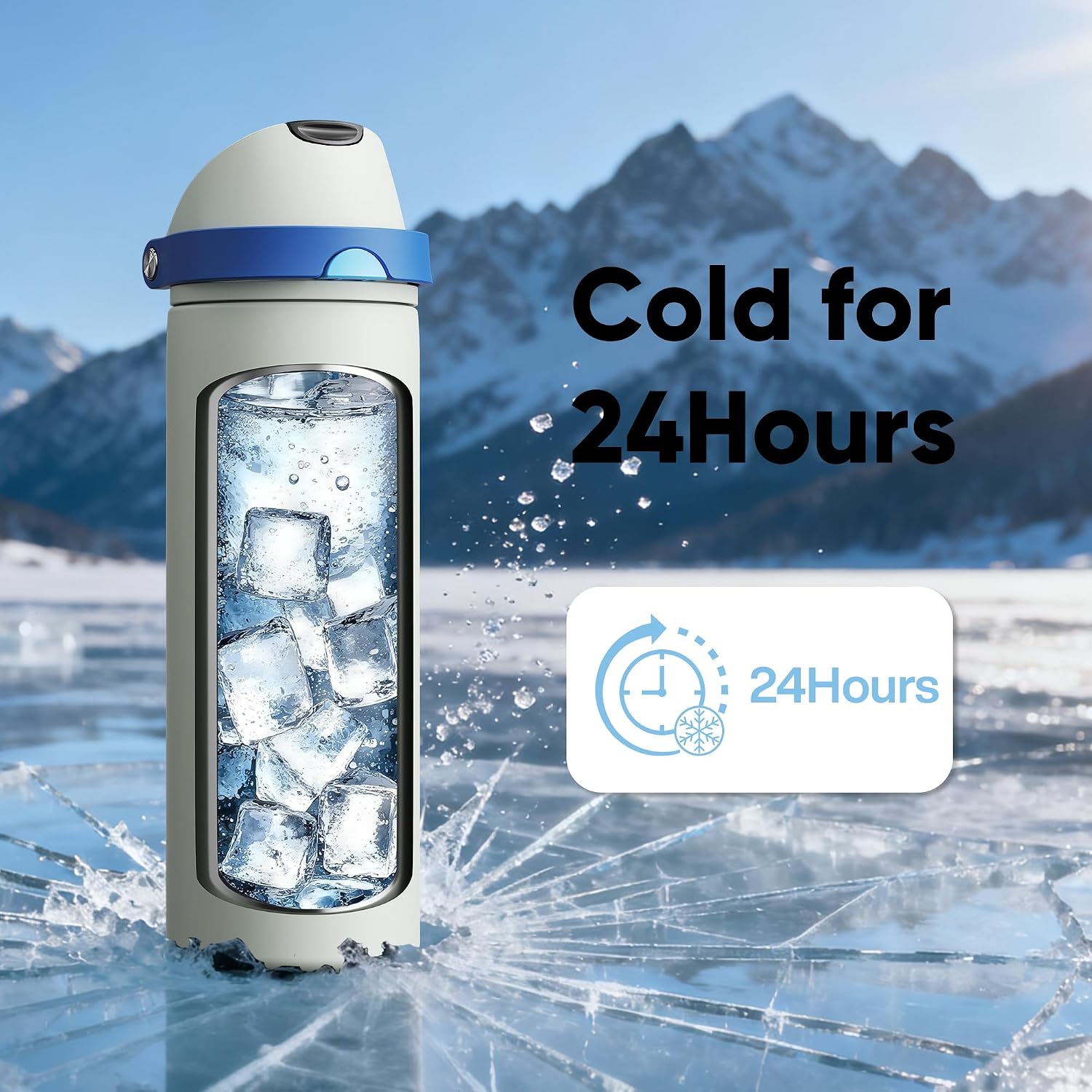 Insulated Water Bottle with Straw - Encool Stainless Steel Water Bottle with Push Button Lid, Leak-Proof & BPA-Free, Keeps Cold for 24 Hours for Sports, Travel, Gym (24 oz, Quill Grey-Blue)