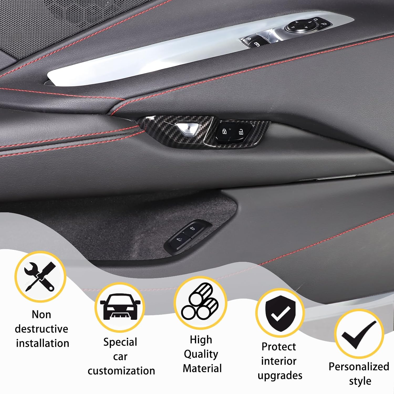 Door Lock Switch Button Cover Trims Compatible with Chevrolet Corvette C8 2020-2023, ABS Plastic Interior Decoration Cover Trim C8 Accessories (Carbon Fiber Pattern)