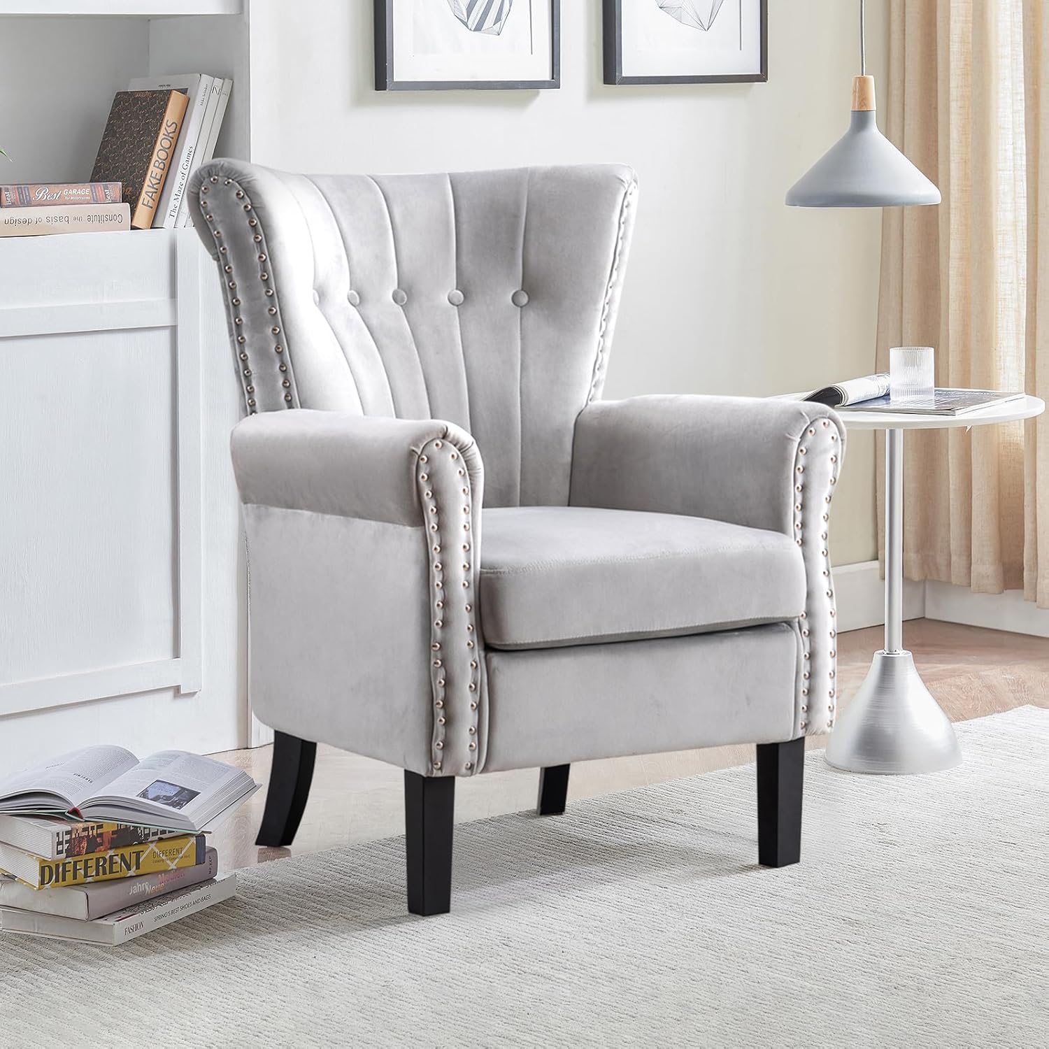 Modern Velvet Accent Chair Upholstered Tufted Armchair Wingback Chair Single Sofa Club Chair with Solid Wood Legs,Comfy Reading Chair for Living Room,Bedroom,Lounge,Office (Gray)