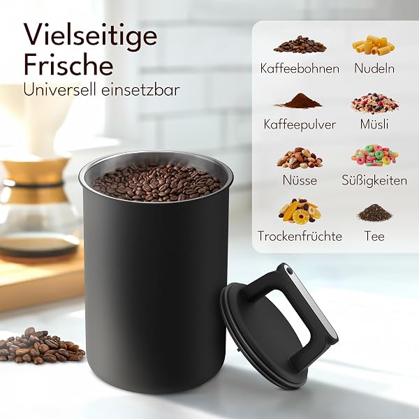 KC Kitchen & Co. Barattolo ermetico per chicchi di caffè da 1 kg, con coperchio sottovuoto (supporto per caffè, tè, barattolo in acciaio inox, chiusura aroma, barattolo di latta, nero opaco, 2800 ml - 5