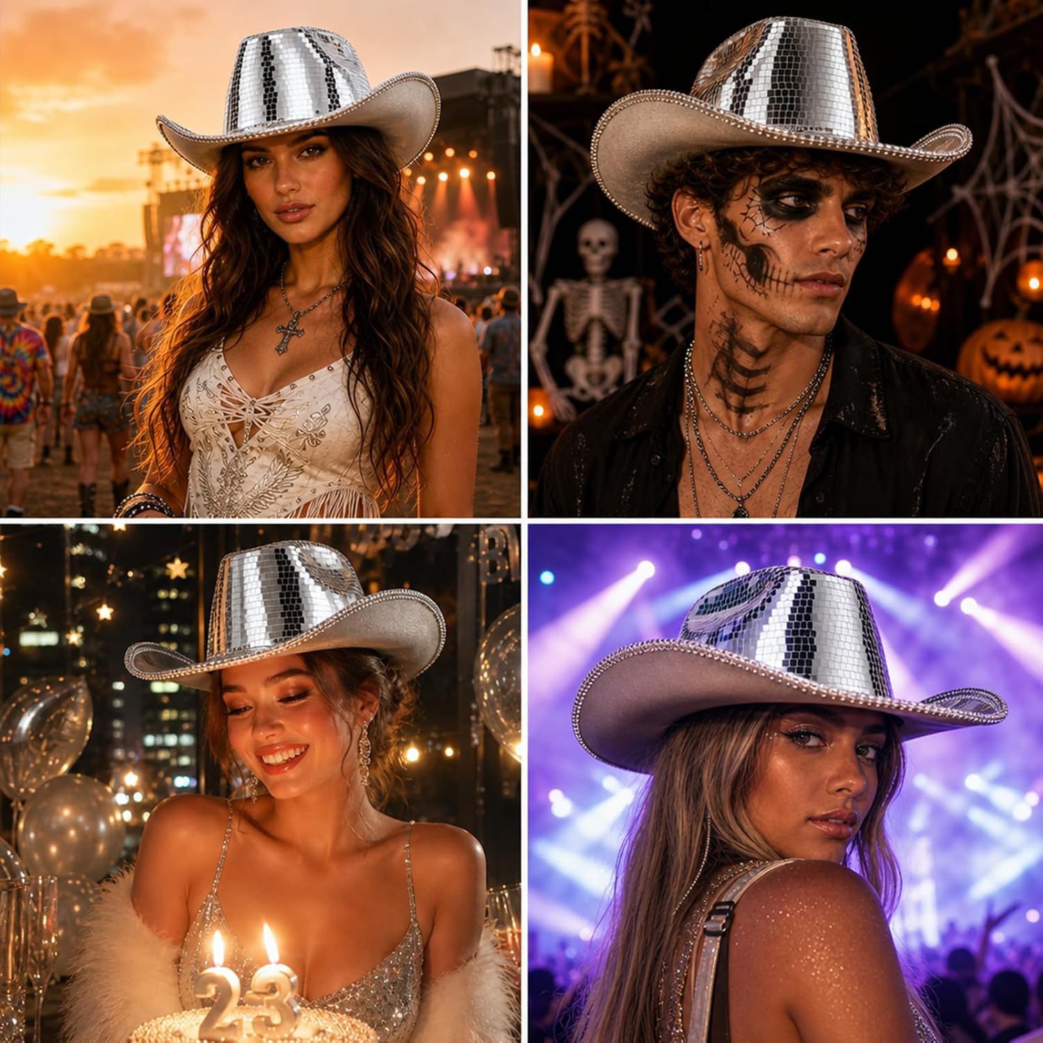 Cowboy Hat for Women and Men - Disco Mirror Cowgirl Hat for Music Festivals, Concerts, Western Party