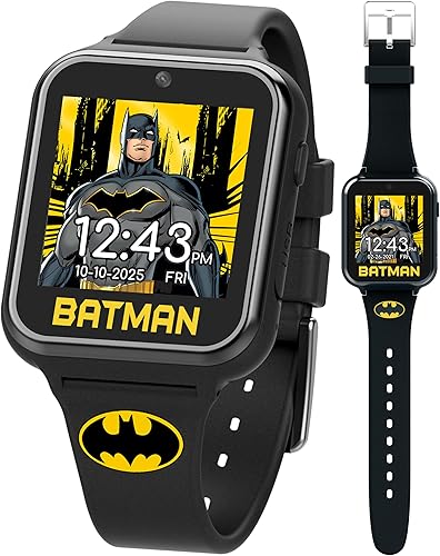 Accutime DC Comics Batman Superman Wonder Woman Justice League Educativo Aprendizaje Reloj inteligente para niños, niñas y niños pequeños, cámara