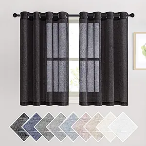 NICETOWN Natural Flax Sheer Linen Curtains Grommet Top, Semitransparent Vertical Blinds Solid Cool Window Treatment Privacy with Light Filter for Boys Bedroom, Black, W52 x L45, Set of 2