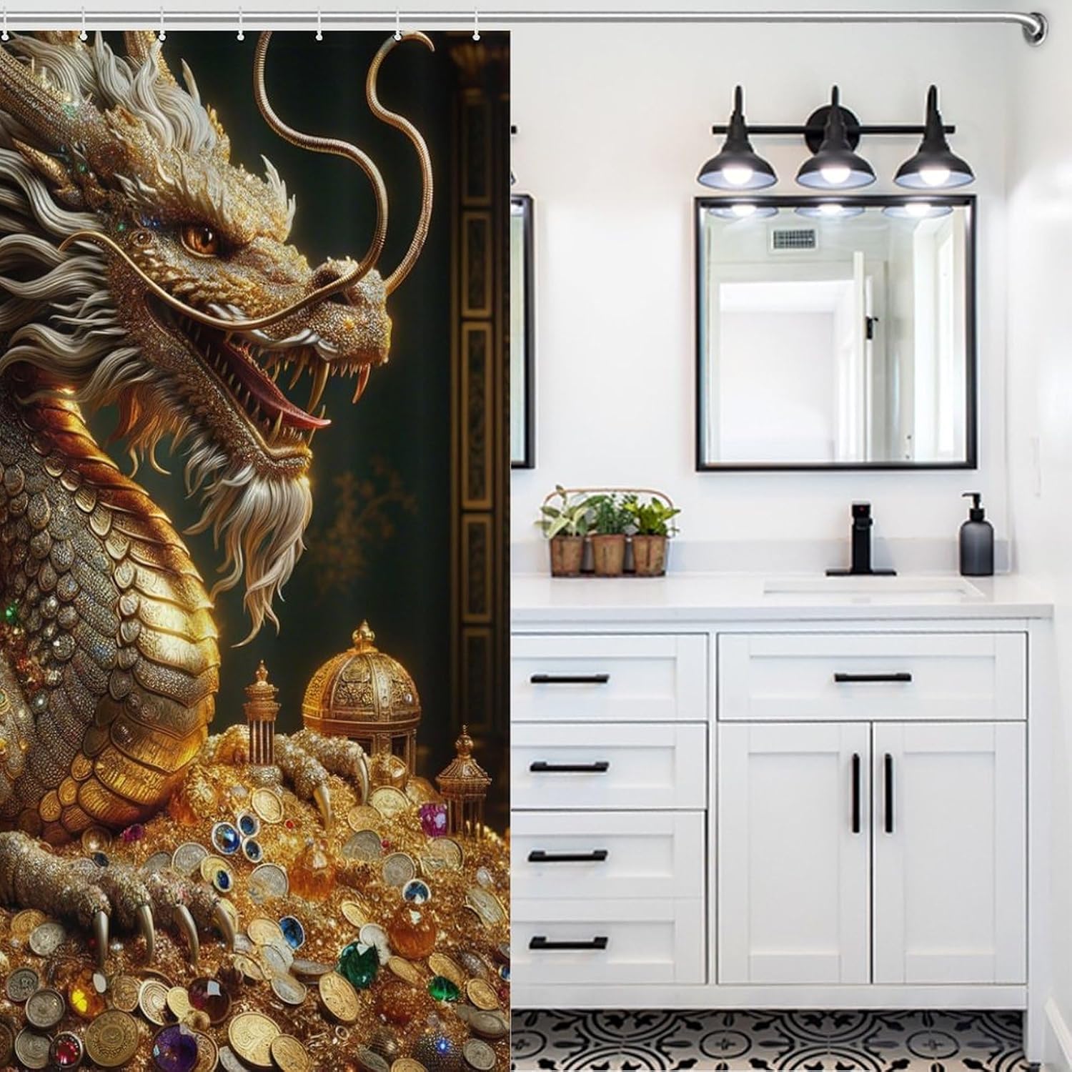 Dragon Shower Curtain Set, Magic Fantasy Animal Mythical Dragon Gold Treasure Home Bathroom Curtain Decor Fabric Waterproof Polyester with 12 Hooks 60x72Inch（152x183cm）