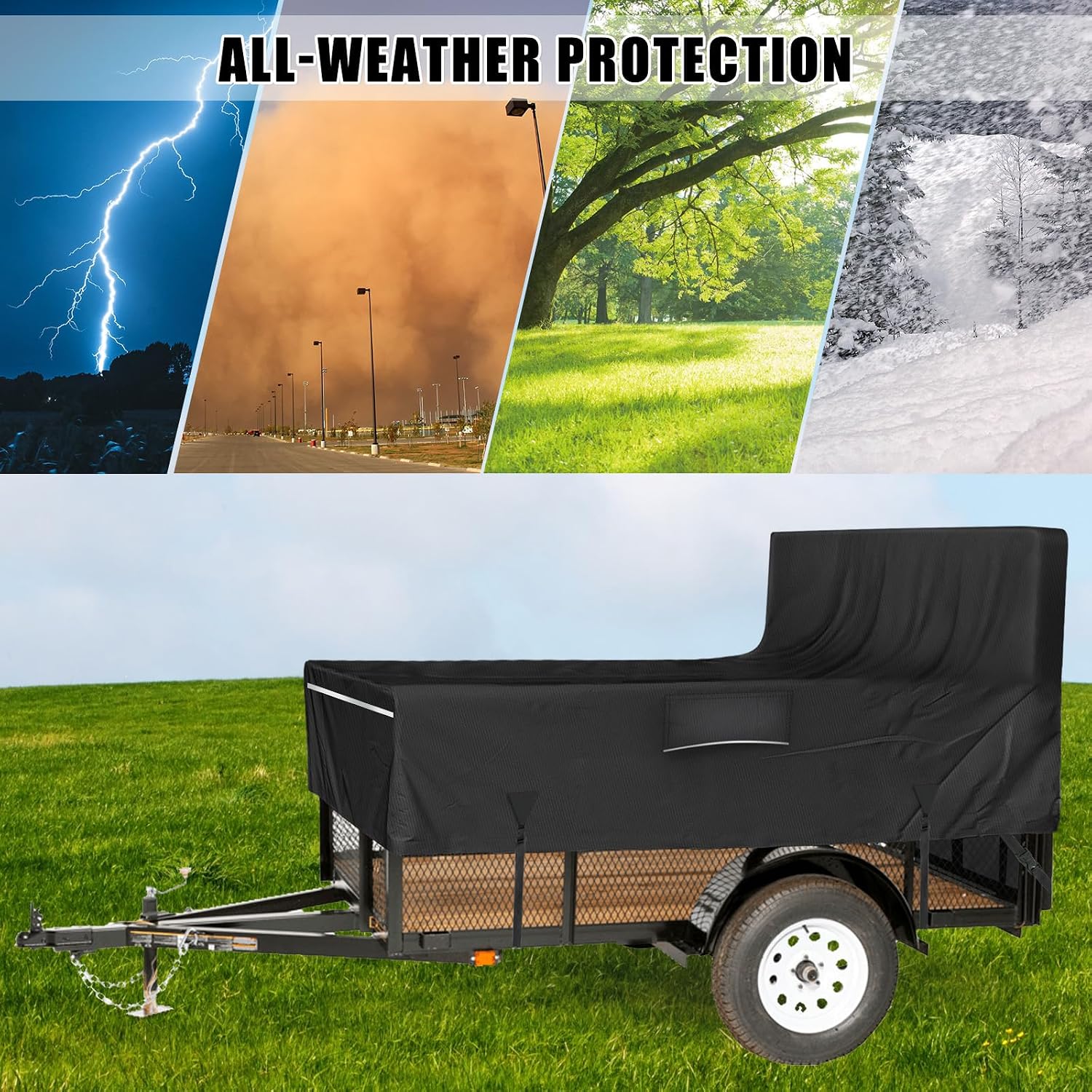 Utility Trailer Cover, 5x8 Trailer Cover with Rear Landscape/Ramp Gate 48” to 60” high, 600D Waterproof Windproof Heavy Duty Black Dump Trailer Cover, Fits 5 x 8 FT (W x L)