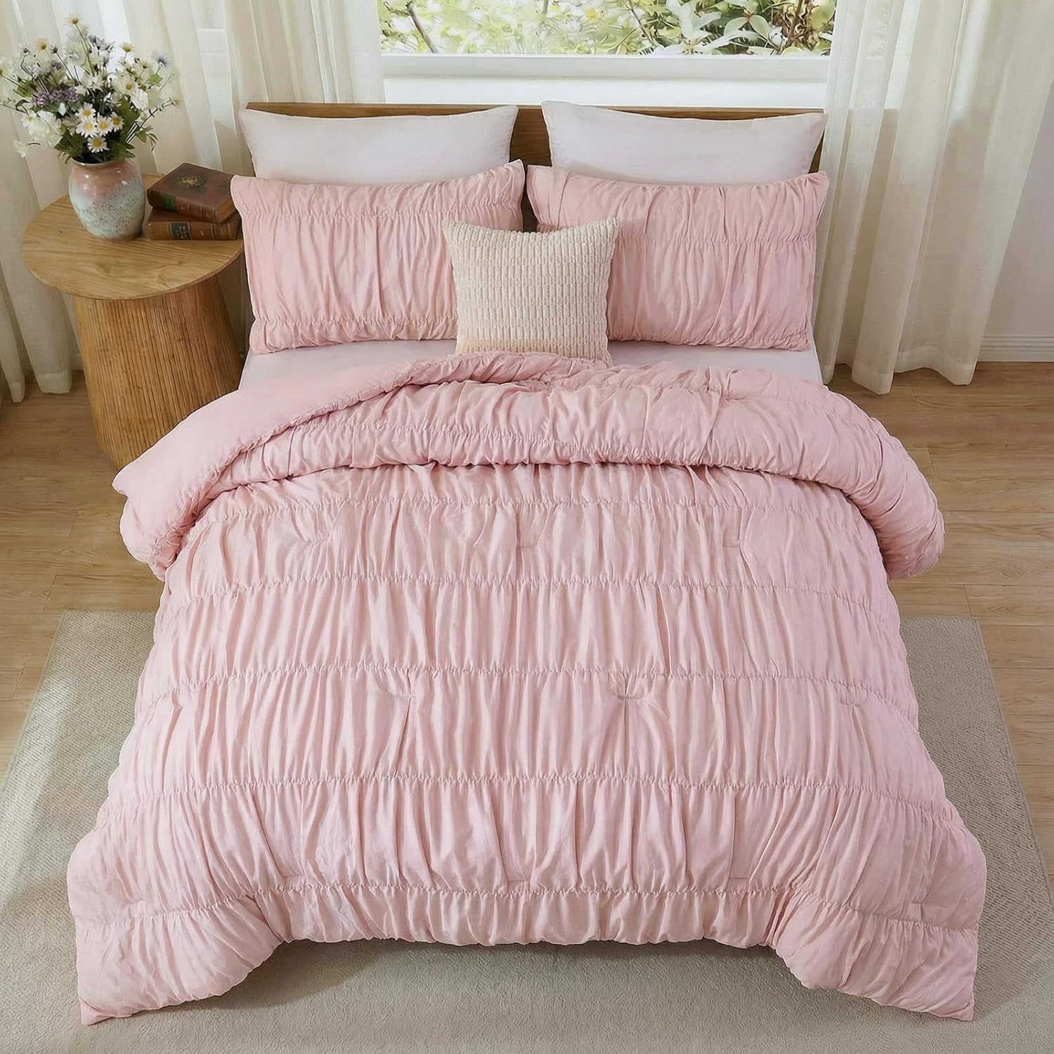 Bedbay Blush Pink Ruffled Cotton Duvet Cover Set Queen Size, Soft Romantic Shabby Chic Bedding,100% Cotton Textured Ruched Comforter Cover 3 Pcs,Cute Cottagecore Bedroom Set for All Seasons