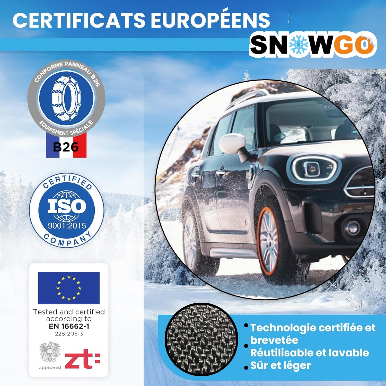 SNOWGO - Jeu de 2 Chaussettes à Neige Textile - Taille XS à XXL - Homologué 16662-1 Europe - Compatibles véhicules 4x4, Électriques, camionnettes et véhicules Utilitaires <3,5T. (XL)