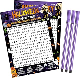 Capoda 41 Pcs Halloween Word Search Game Card Set Halloween Party Game 30 Players and 1 Answer Card with 10 Pens for Home Classroom Activities Fall Carnival Party Supplies