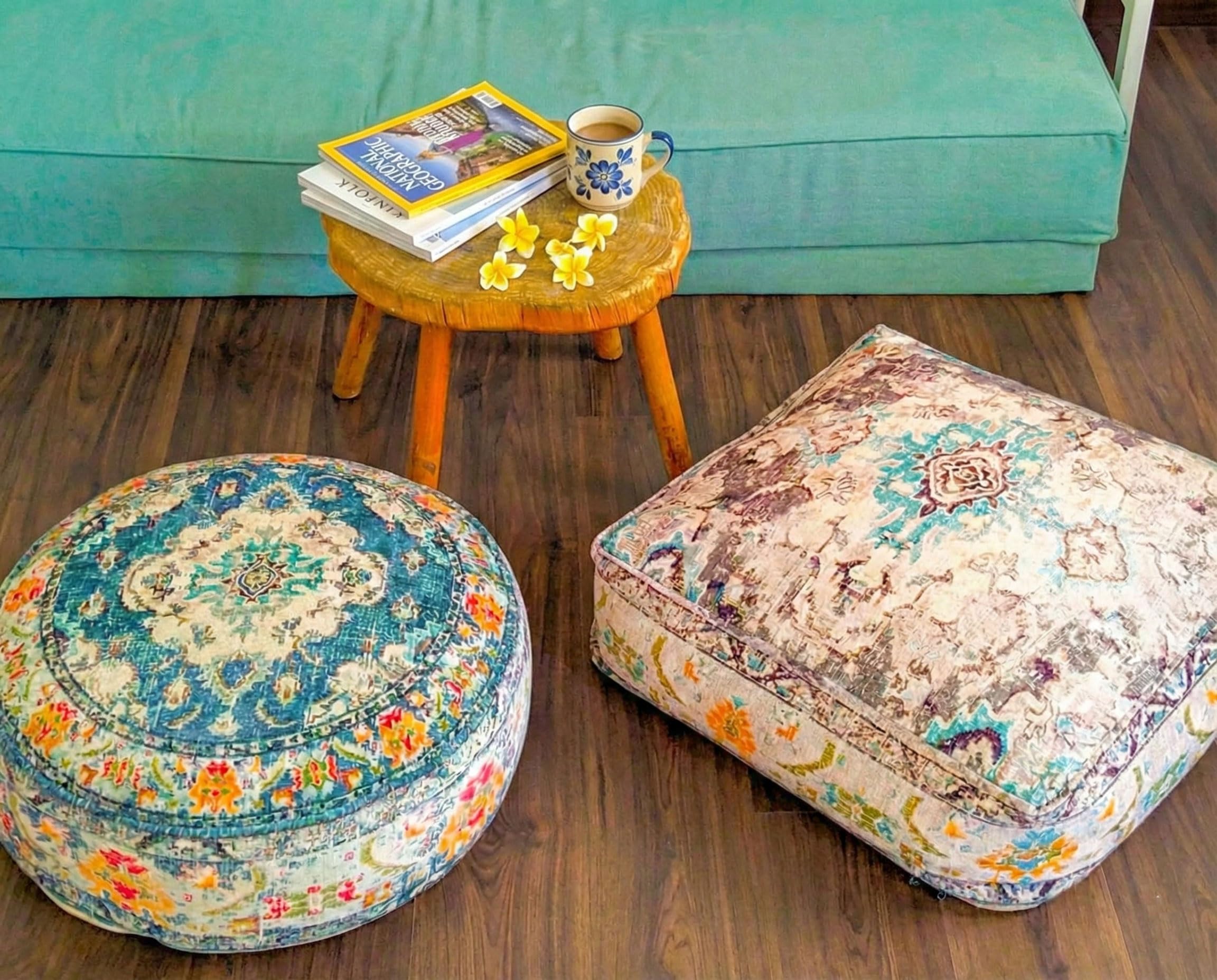 Mandala Life ART Cojín de Piso Bohemian Rug - Solo FundaRedonda 60x20 cm - Puf de decoración de habitación Artesanal de Lujo para meditación, Yoga y Boho Chic Funda de Almohada de Piso para Asientos