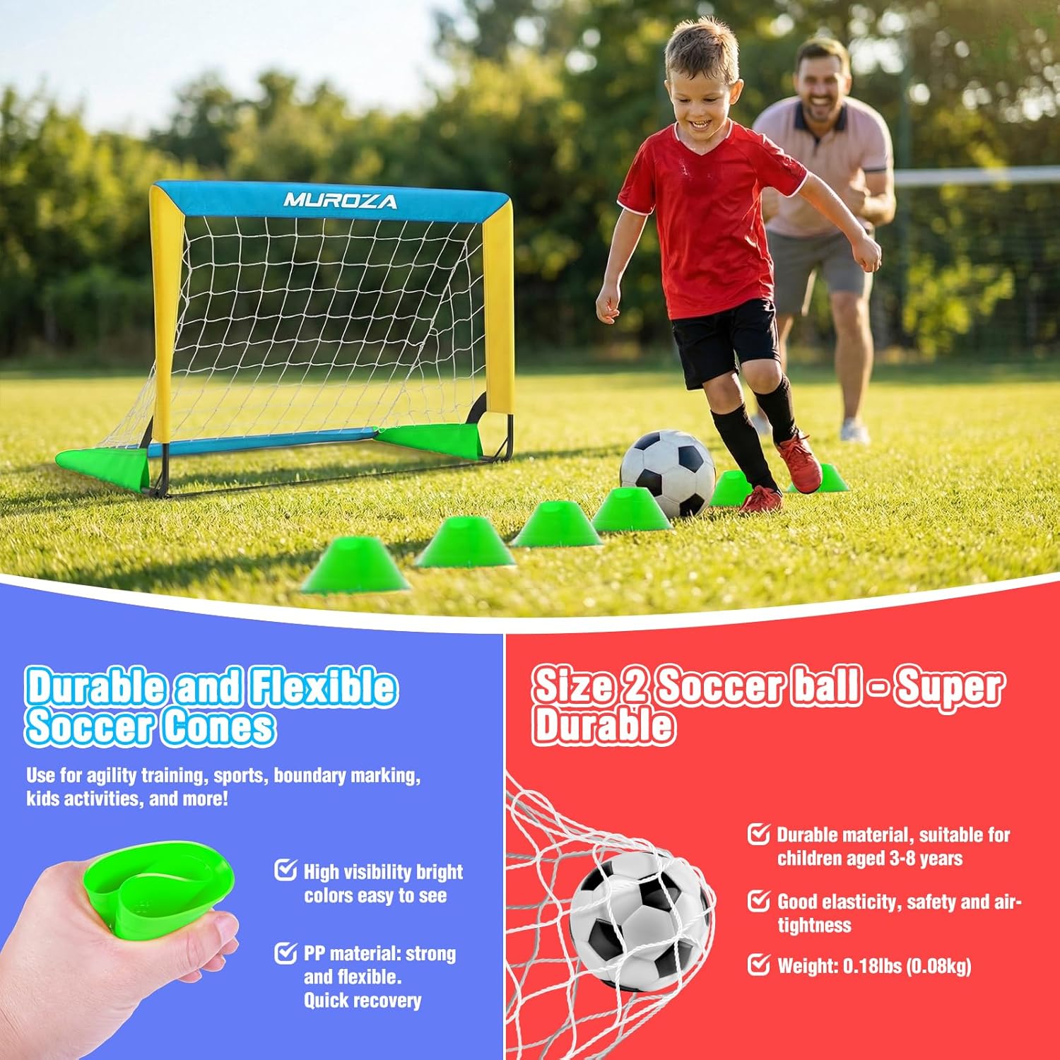 Kids Soccer Goal, Soccer Goals for Backyard Set, 2 Pack of 2x1.5ft Portable Pop Up Soccer Net Set with Ball, Cones, Complete Training Equipment for Youth Ages 3-8