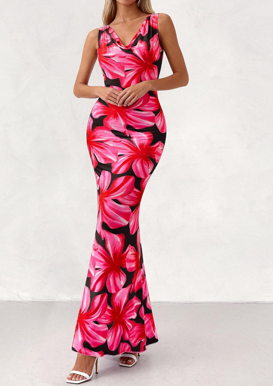 PRETTYGARDEN Women's Summer Wedding Guest Dress 2026 Spring Cowl Neck Mesh Bodycon Formal Cocktail Party Floral Maxi Dresses - Image 2