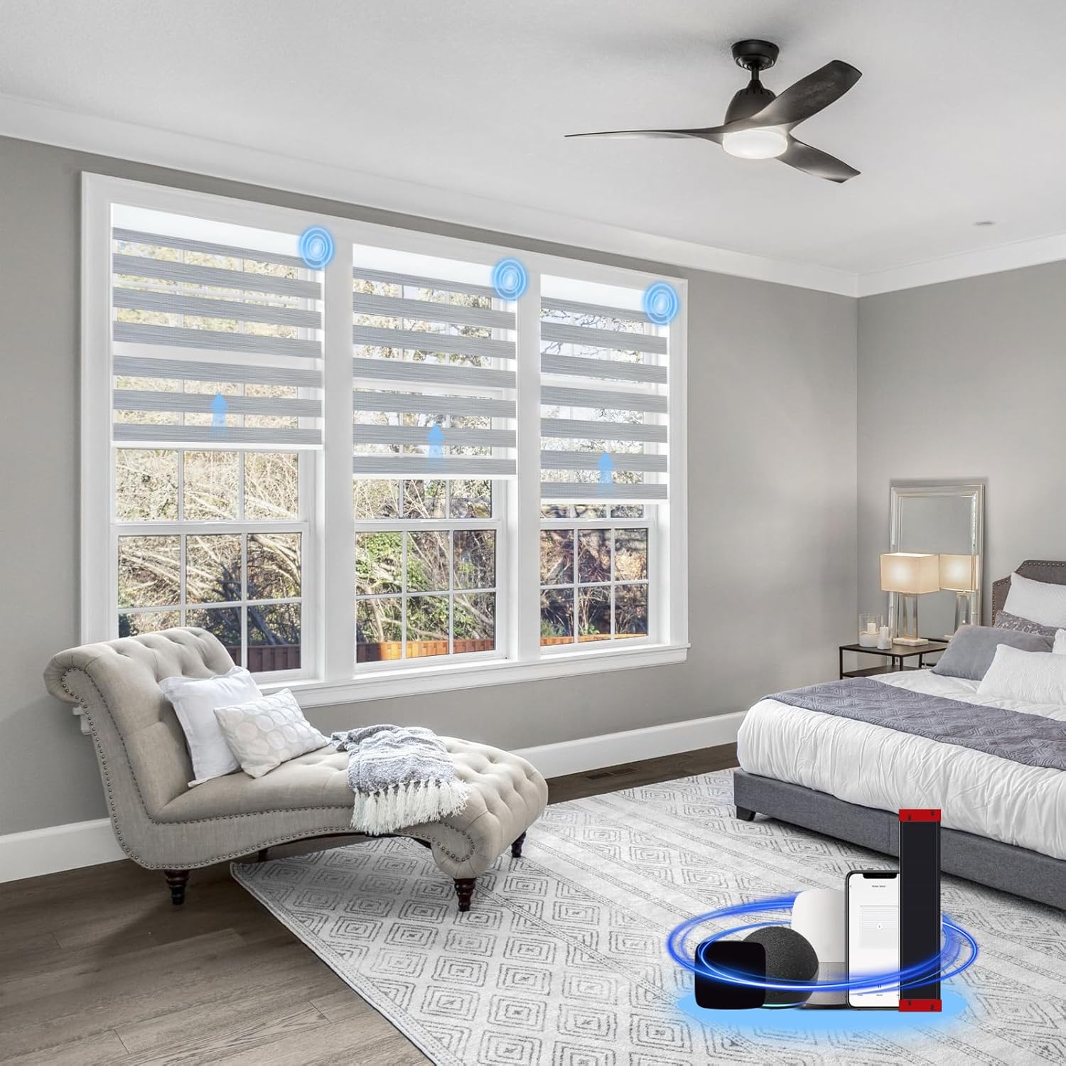 Motorized Zebra Blinds with remote, 90%Blackout Dual Layer Automatic Blinds, Rechargeable Horizontal Wireless Electric Shades for Windows Compatible with Alexa Google (Fine Lines Grey, 22" W x 72" H)