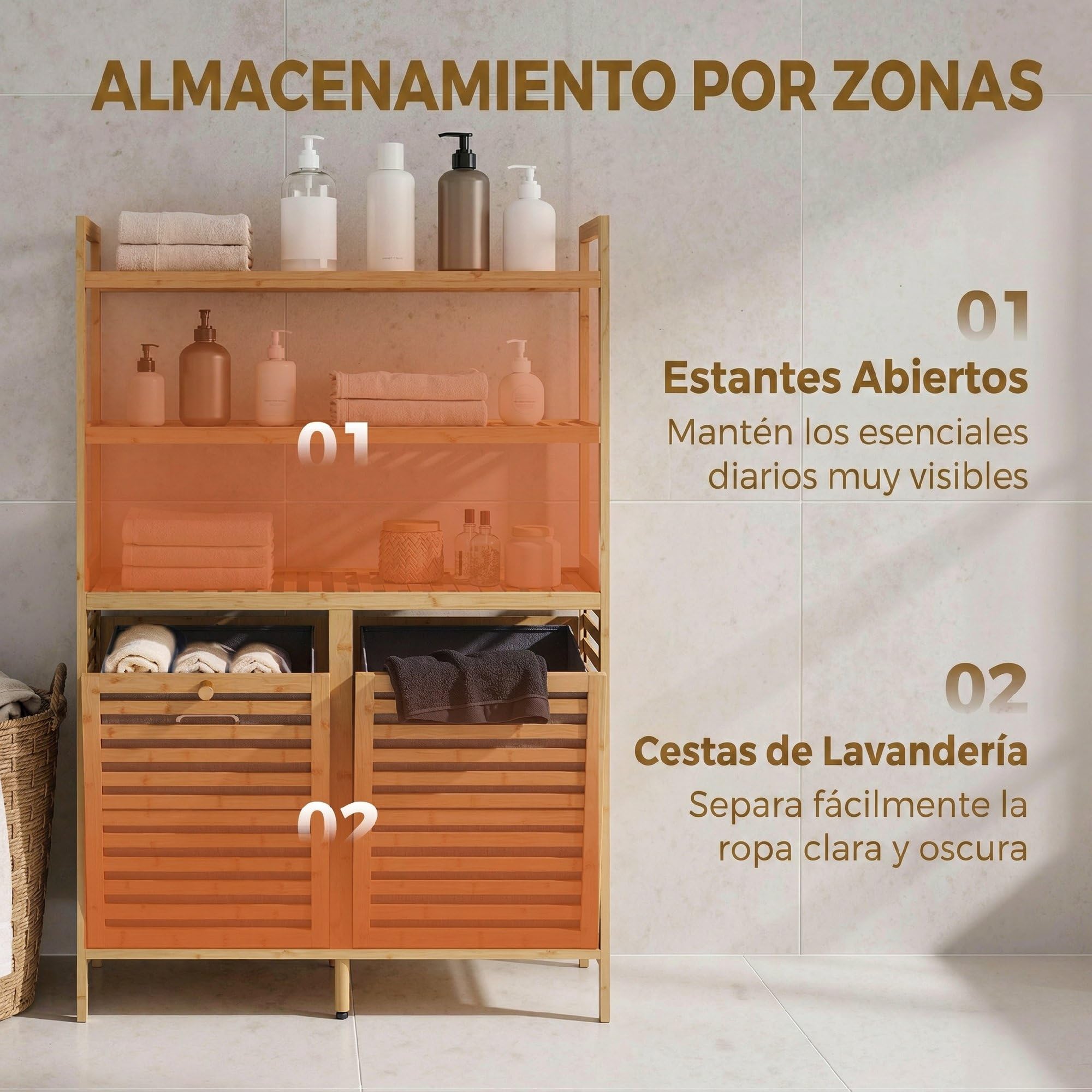 HOMCOM Mueble Ropa Sucia de Bambú, 2 en 1, Mueble de Baño con 2 Cestos para Ropa Sucia Inclinables 38,7 L y 3 Estantes, para Cocina, Salón, 80x30x118 cm, Roble