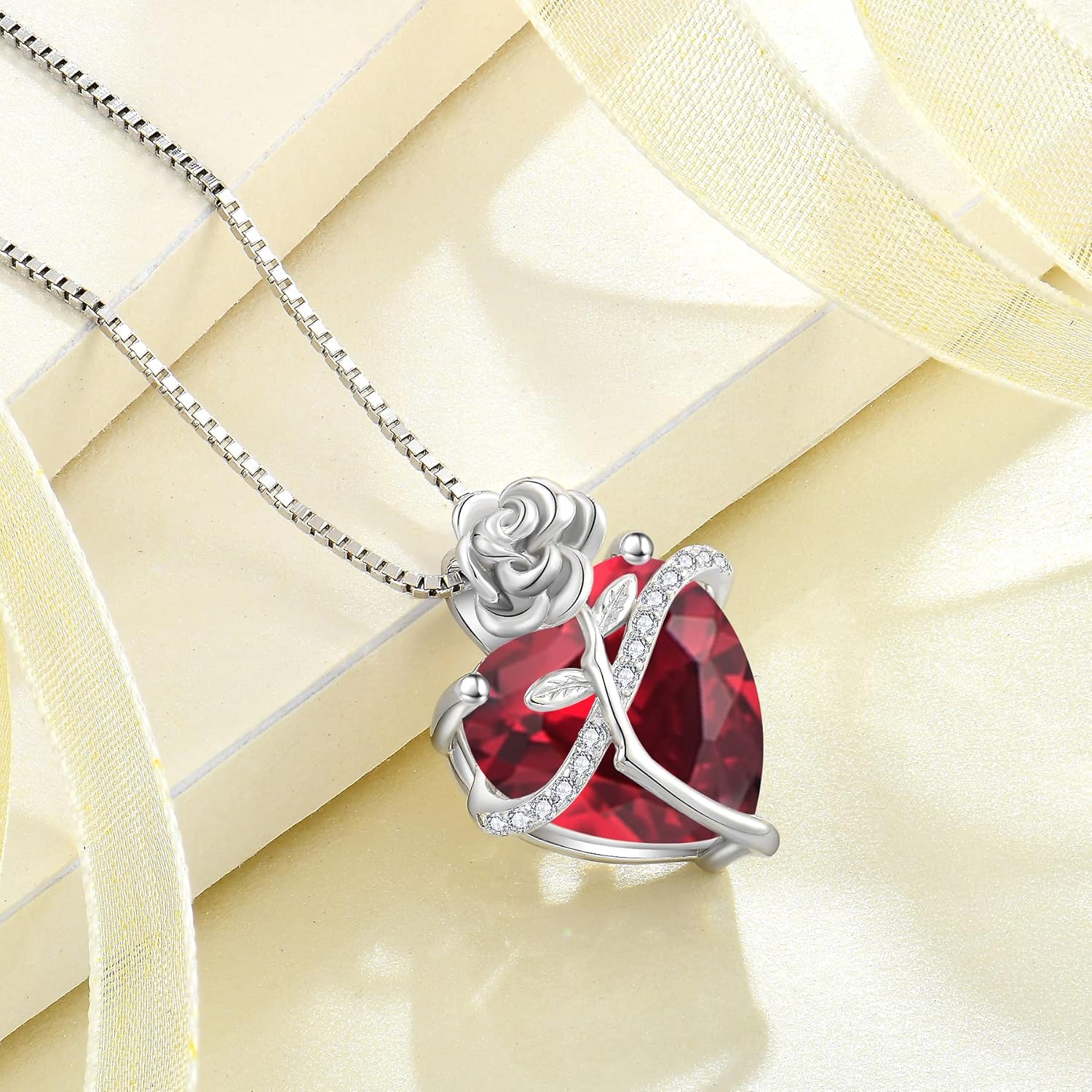 Birthstone Necklace for Women 925 Sterling Silver Love Heart Rose Flower Necklace Dainty Jewelry Gifts for Women Wife Girlfriend Mother Daughter Her - Image 5