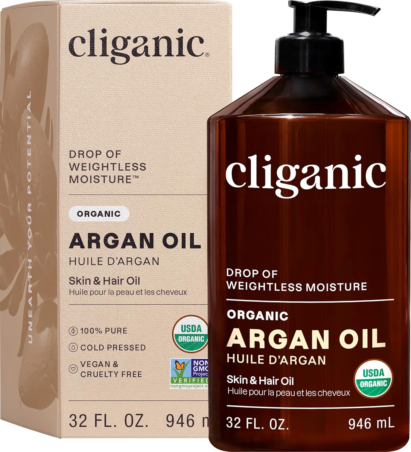 Cliganic Organic Argan Oil for Hair, Face & Skin (Bulk, 32oz with Pump) - 100% Pure, Cold Pressed