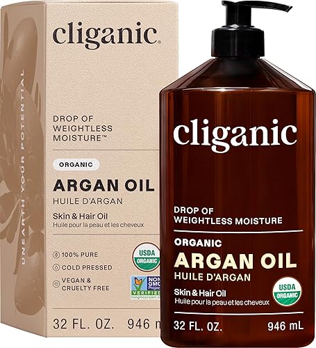 Cliganic Aceite de argán orgánico para el cabello, la cara y la piel a granel, 32 onzas con bomba, 100% puro, prensado en frío