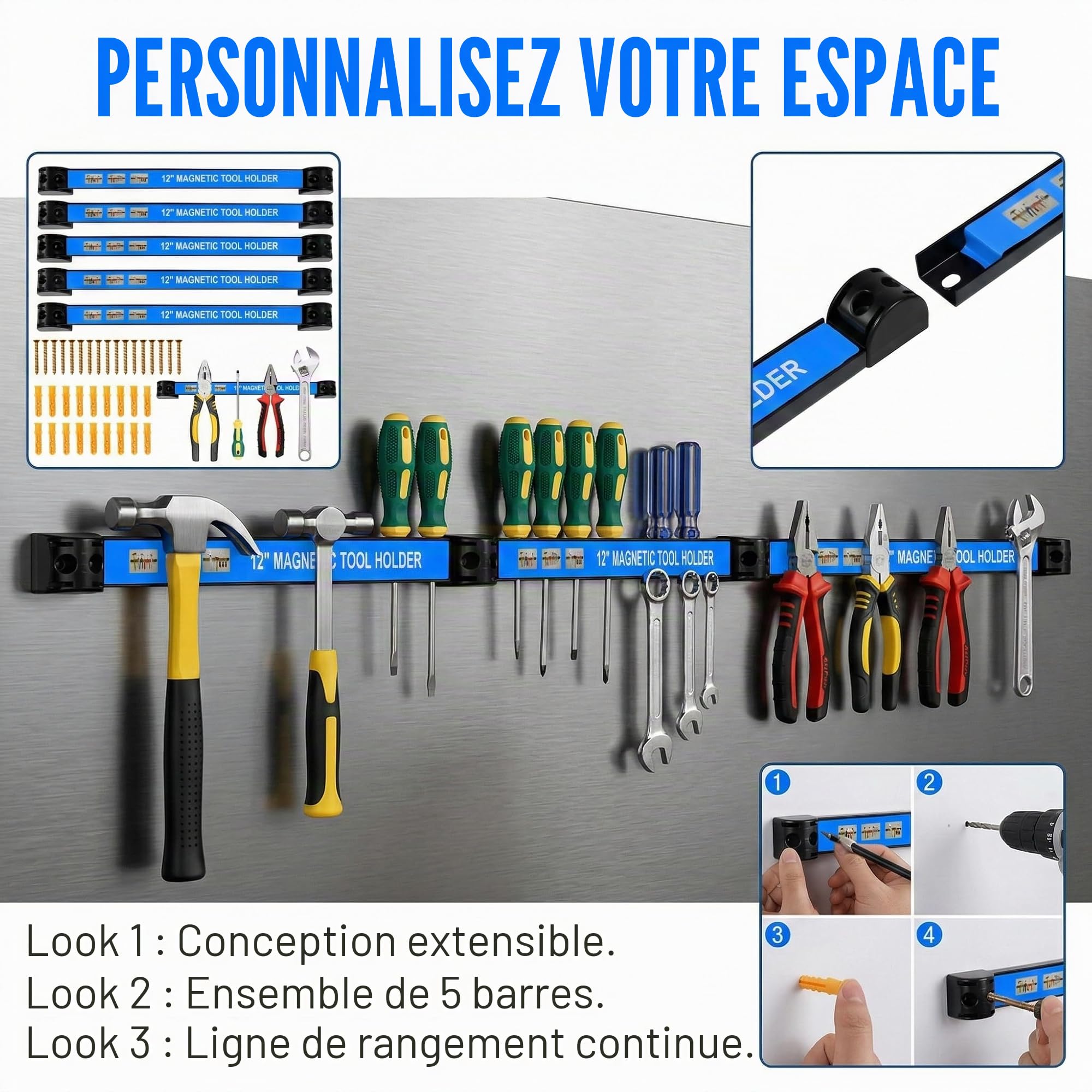 5 Pièces Barres Magnétiques pour Outils, 30CM Barrette Porte Outils Barre Aimantée Puissant Accroche Murale Outils Porte Outils Mural Magnetique pour Rangement Outillage Maison Garage