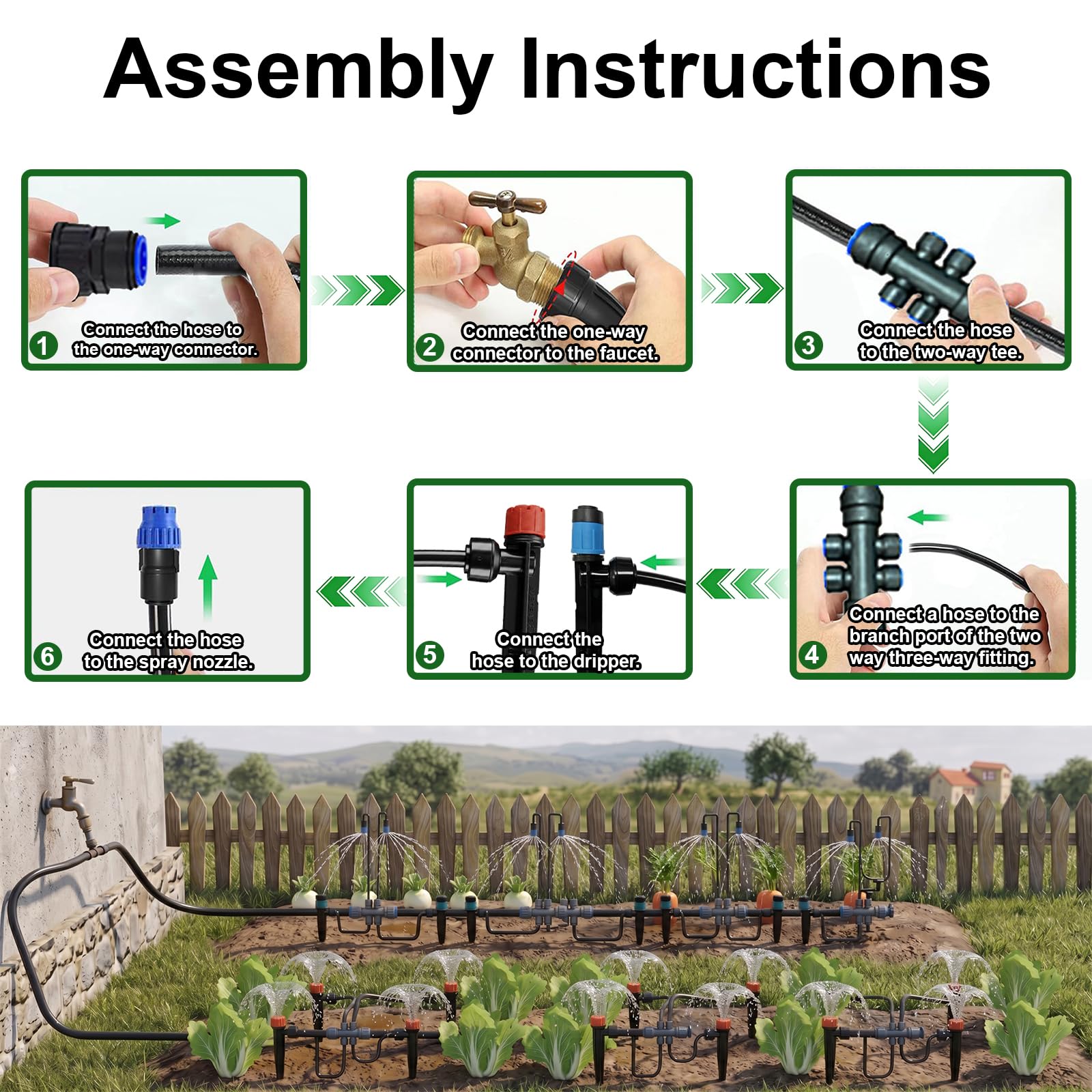 Kit de riego por goteo, sistema de riego automático de jardín de 230 pies con tubo de bloqueo rápido de conexión rápida de 1/4 y 1/2 pulgada, boquillas ajustables y aspersores para invernadero, césped
