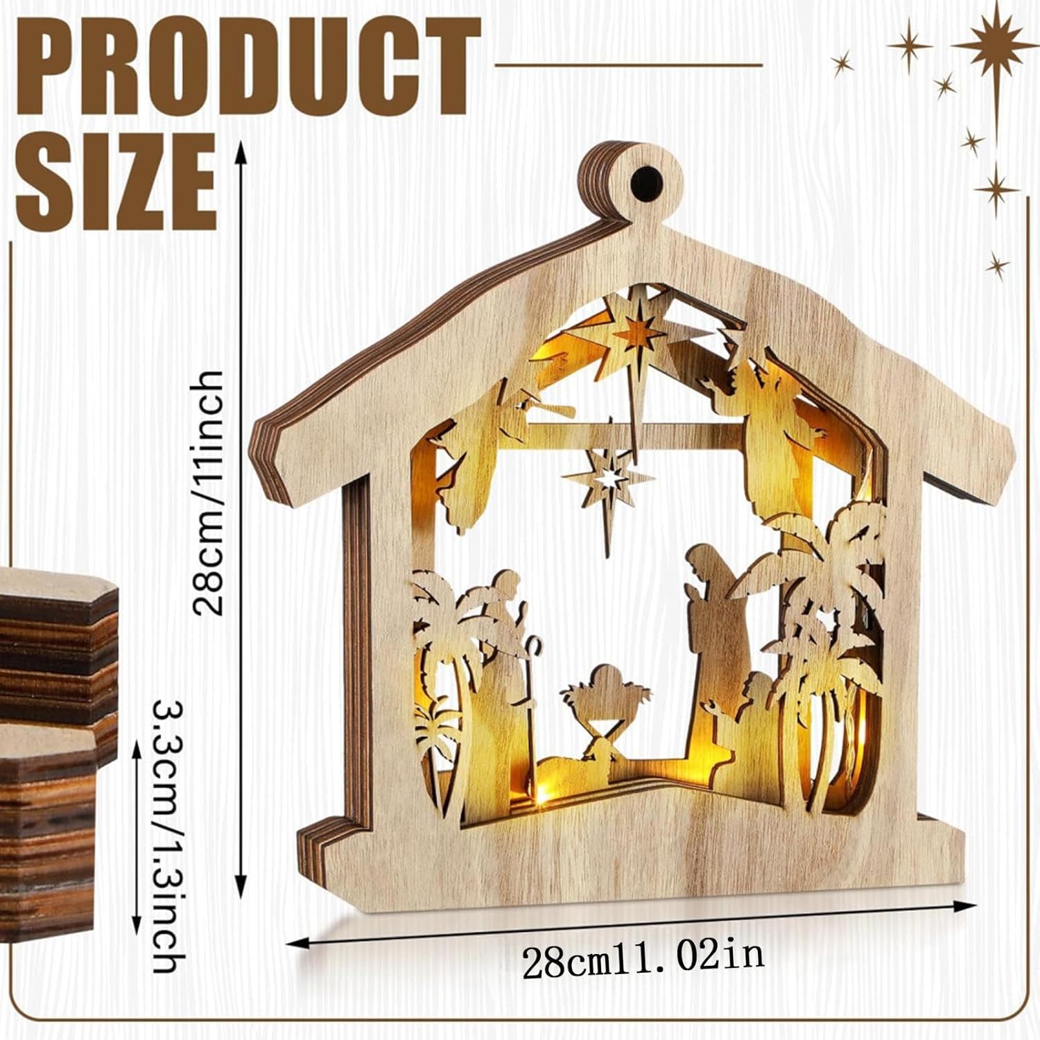 Christmas Nativity Scene Set,Wood Holy Family Table Centerpieces - Indoor Nativity Scene with LED Lights,for Fireplace Bedroom Office Desk Table Shelf Farmhouse Holiday