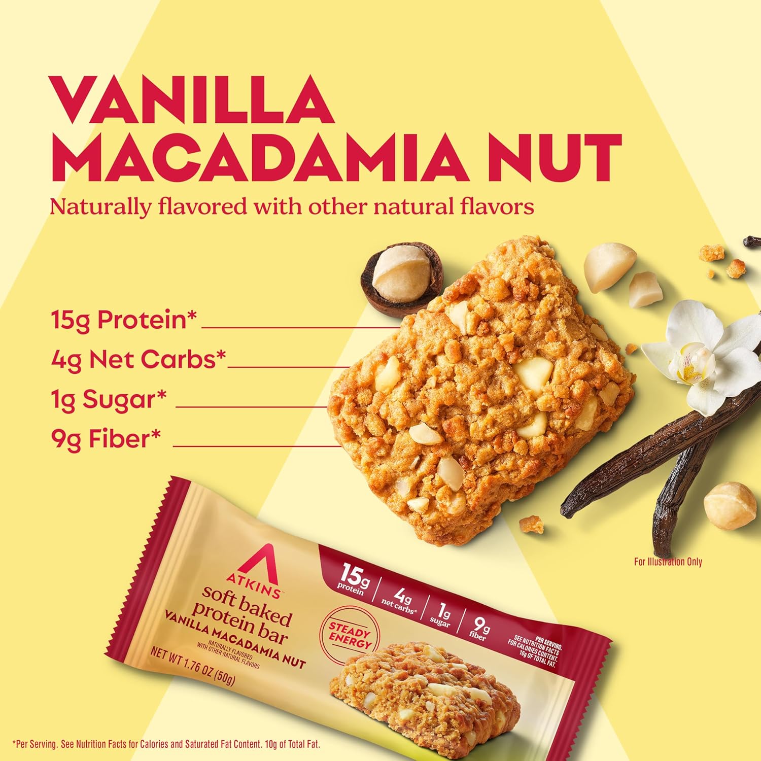 Atkins Soft Baked High Protein Bars, Vanilla Macadamia Nut Flavor, 15g Protein, 4g Net Carbs, 2g Sugar, Excellent Source of Fiber, High Protein, 6 pack (4 bars each)