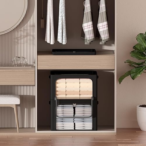 Miniatura 3 de Paquete de 3 cajas de almacenamiento con marco, bolsas de almacenamiento de ropa Oxford, plegables, apilables, con ventana transparente y asas de