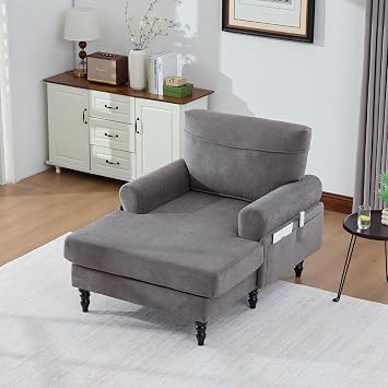 Modern Chaise Lounge Recliner Single Sofa,Chenille Fabric Rest Chair Wooden Sofa Legs with Comfortable Backrest and Armrests Side Pockets for Living Room Dark Grey+1 Seat