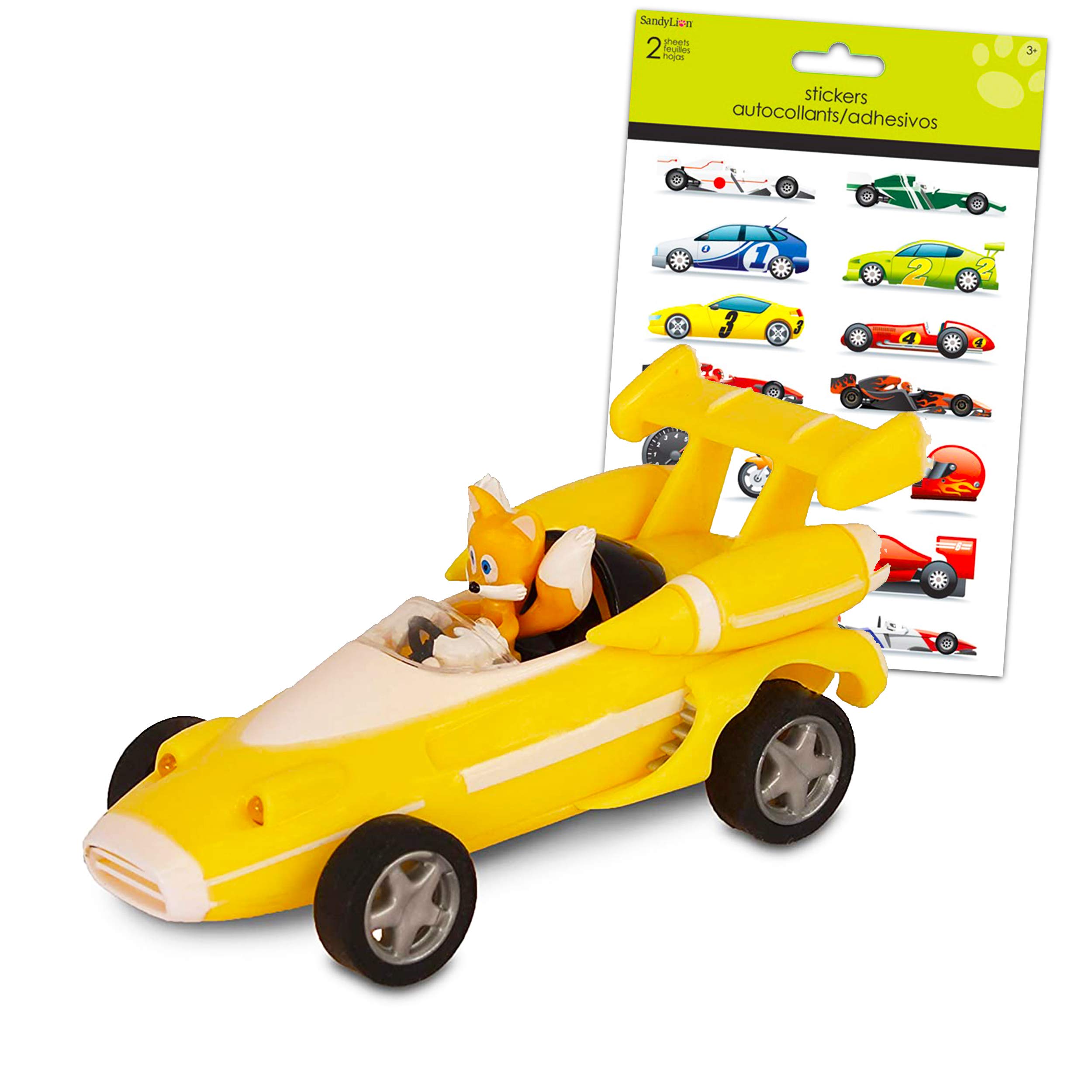 Sonic The Hedgehog Tails Pullback Toy Car Bundle ~ Sonic The Hedgehog All Stars Racing Pull Back Action Vehicles | Tails Action Figure with Stickers (Tails from Sonic Toys)