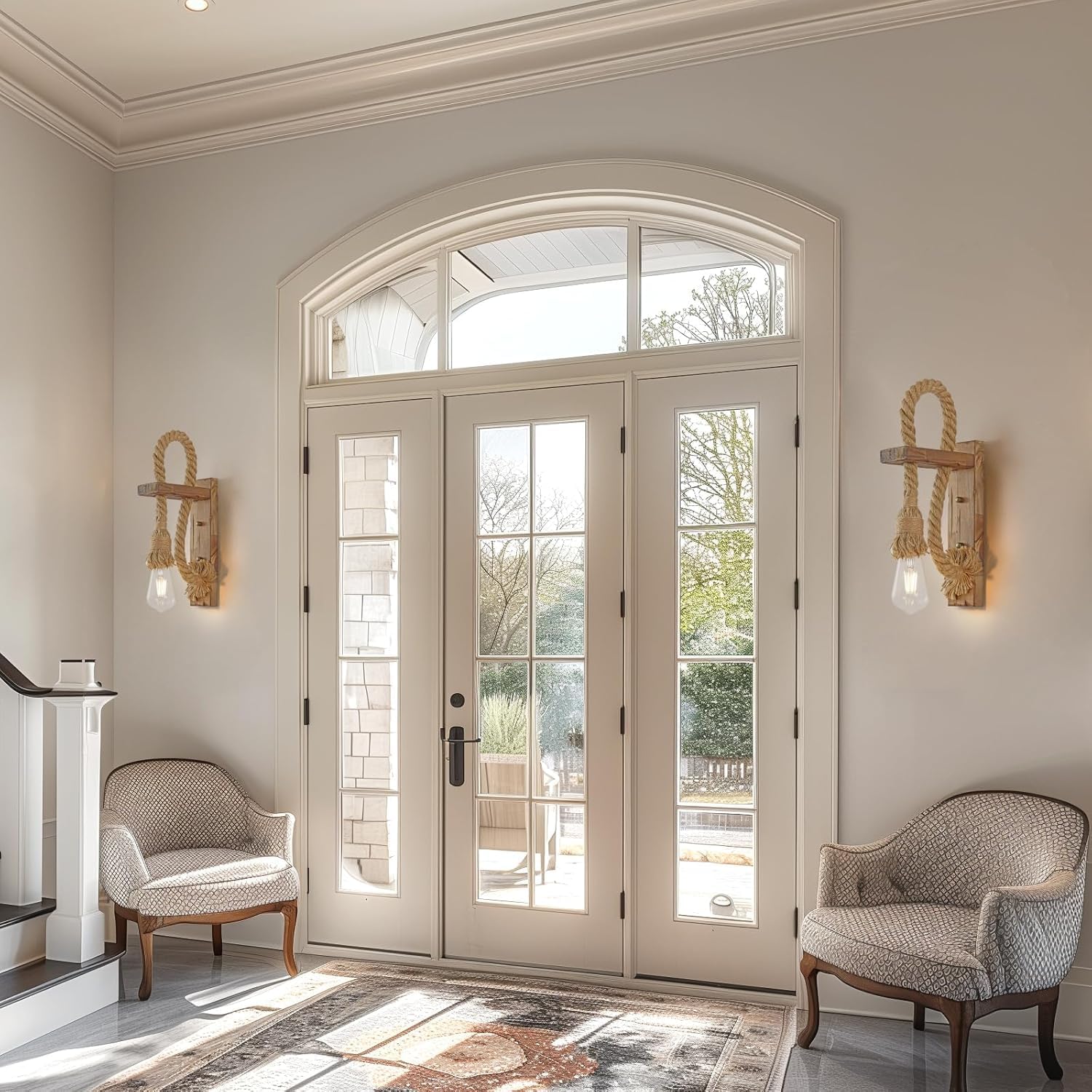 KEESFU Rustic Wall Sconce Set of 2, Farmhouse Wood & Jute Rope Wall Light, Adjustable Height Wall Mount Fixture for Bedroom, Hallway, Entryway, Living Room