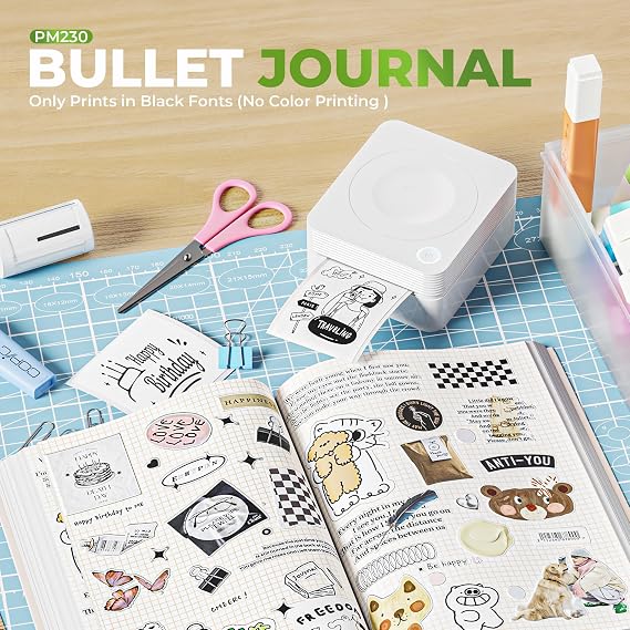 Sticker Printer, PM230 Mini Printer, Bluetooth Sticker Maker Machine with 3 Rolls Paper, Portable Print Pod for Journal, Lists, Study Notes, Pictures, DIY Gifts for Home Christmas, White
