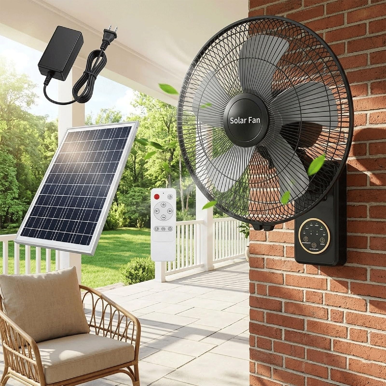 Genérico Ventilador Oscilante de Pared de 40cm para Patios, Ventilador Solar con 5 Aspas, 3 Velocidades, Ventiladores Solares para Exteriores para el Hogar, Invernadero, Garaje, Dormitorio, Camping.
