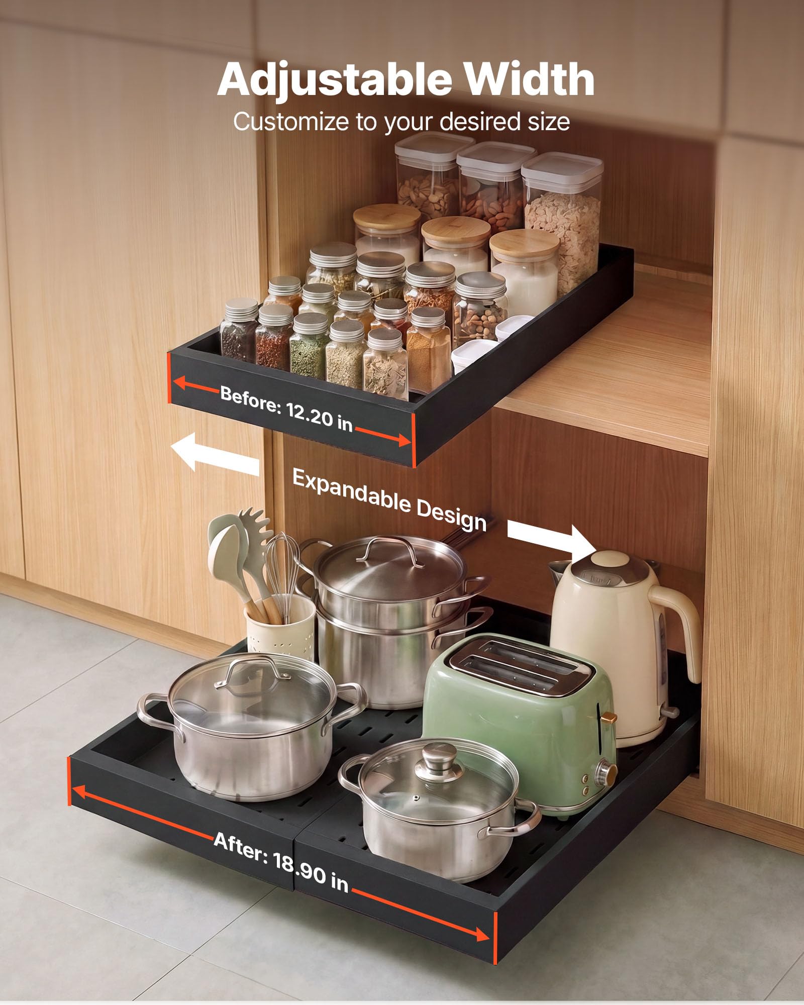 VEVOR Organizer Portaoggetti Estraibile Sottolavello, Cestello Estraibile Sotto Lavandino per Armadietto 2 pezzi Dimensioni 520 x 302 x 65 mm, Ripiano Scorrevole per Armadietti Cucina Bagno, Nero