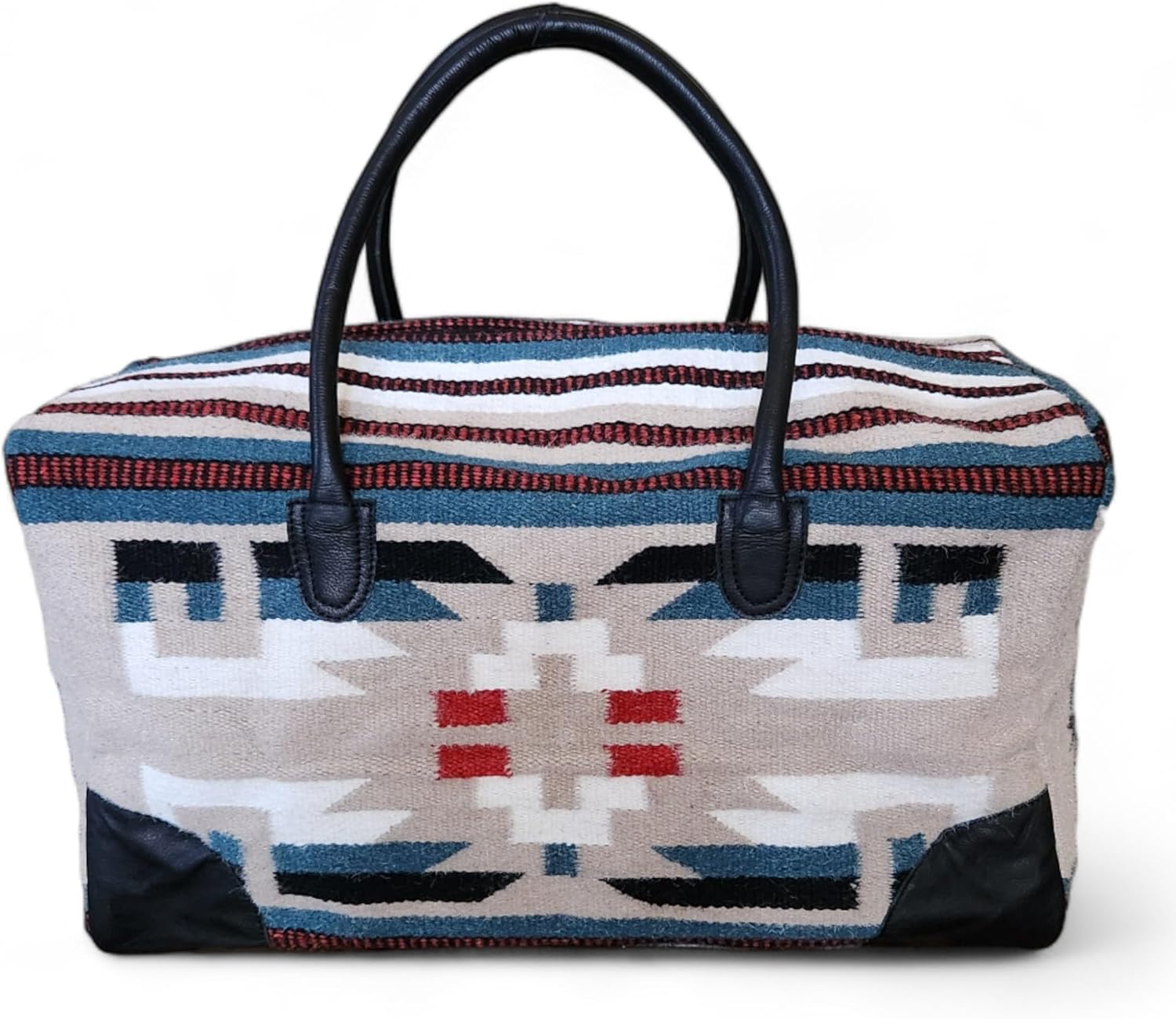 Aztec Large Weekender Southwestern Duffel Bag Saddle Blanket Bag 100% Leather Handles (Sahara)