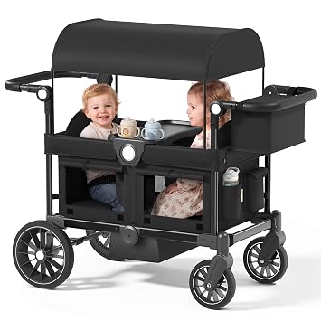 Kinder King Folding Wagon Stroller for 2 Kids, Shock-Absorbing Wheel, Black | All-Terrain 2 Seater Stroller Wagon Outdoor, Removable Canopy, Adjustable Handle, Detachable Tray, Parent Organizer