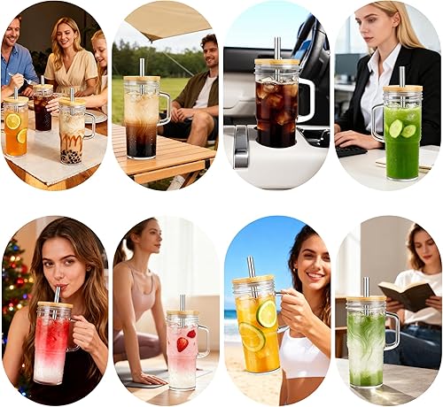 Miniatura 6 de Birity Tazas de vidrio de 24oz con tapas y popotes, vaso de vidrio con asa, 2 juegos Tazas de café helado reutilizables con tapa y popote para