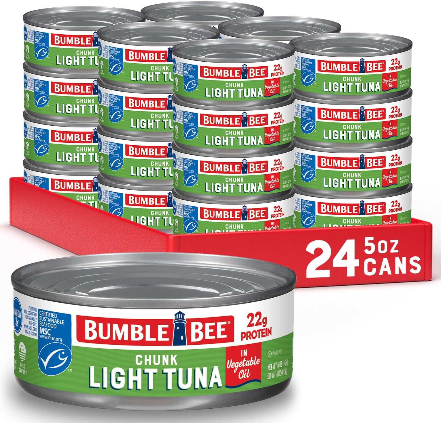 Bumble Bee Chunk Light Tuna In Oil, 5 oz Cans (Pack of 24) - Wild Caught Skipjack Tuna - 22g Protein Per Serving - MSC Certified Sustainable Seafood, Non-GMO, Gluten Free, Kosher