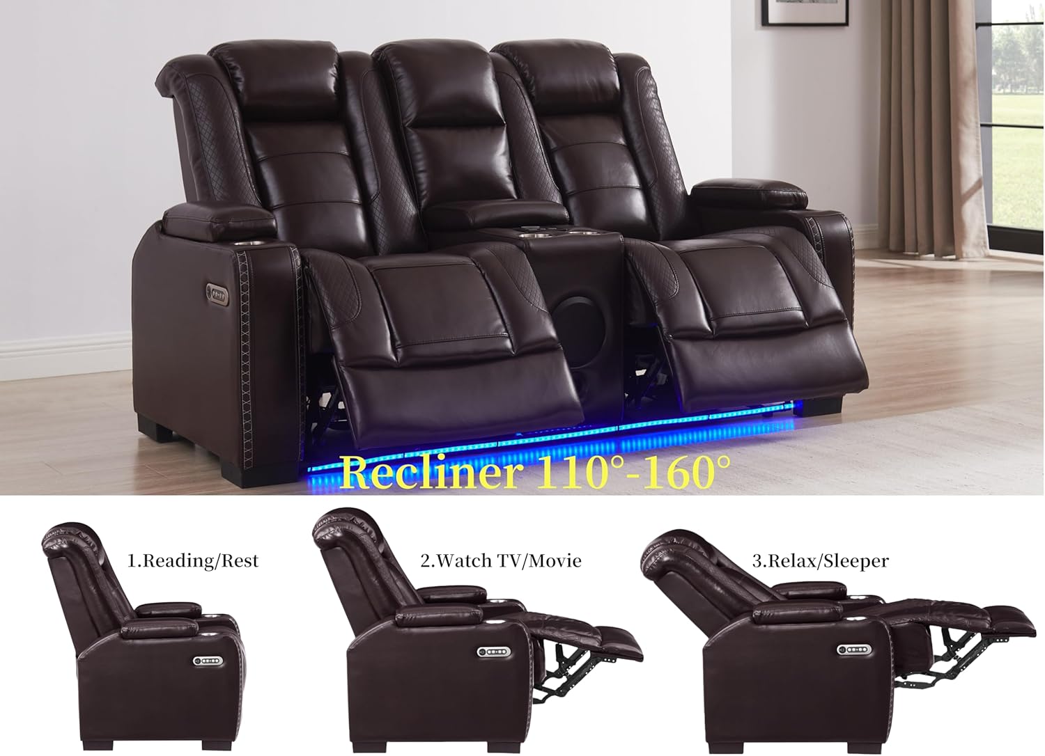 THSUPER Breather Leather Power Recliner Sofa Loveseat Set with Adjustable Headrest and Cup Holders, Reclining Couches with Bluetooth Speaker and Wireless Charging for Living Room. Brown