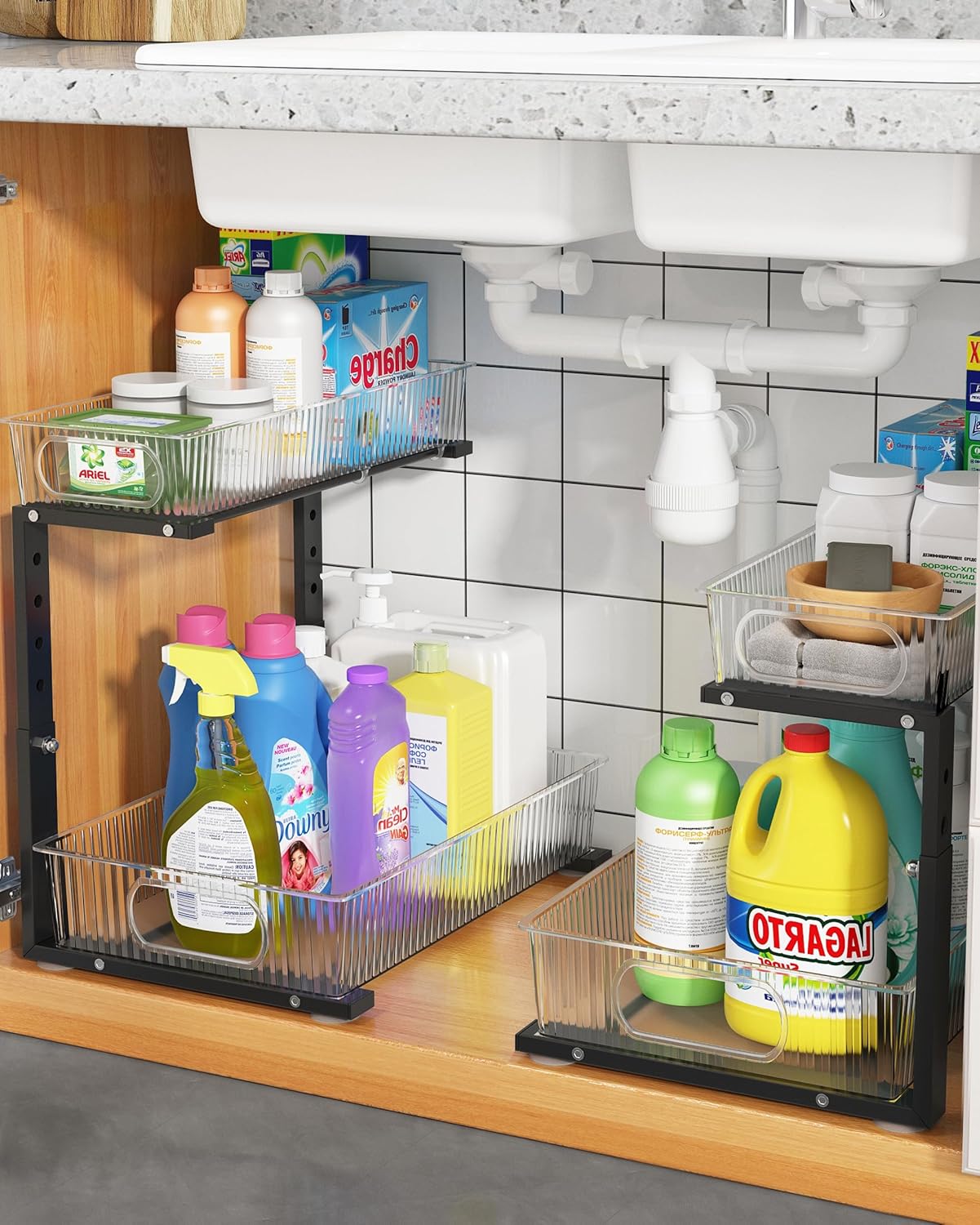 UMDONX Under Sink Organizer 2-Pack Adjustable Bathroom Under Sink Pull-Out Organizer with 5 Adjustable Heights for Kitchen, Bathroom & Laundry Storage 2 Pack, Black