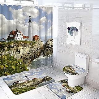 4Pcs Lighthouse Shower Curtain Sets Nautical Ocean Wave Coast Cape Tower Rock Town Scenery Bathroom Decor Set with Rugs