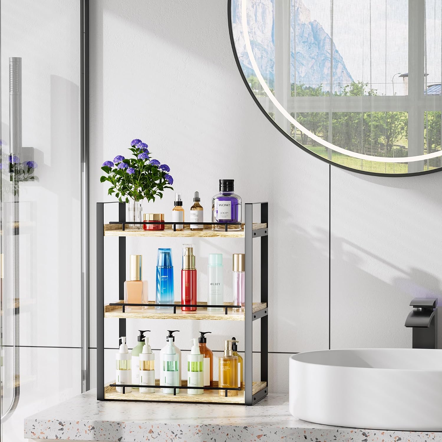 Bathroom Counter Organizer, 3 Tier Wood Countertop Shelf for Vanity, Skincare, Makeup, Kitchen Coffee and Sink Storage, with Durable Metal Bracket (Rustic Brown)
