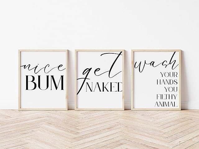 Unframed Triple pack Bathroom Toilet Prints, Script & Serif Elegant Wall Art Poster Funny Humour Home Pictures Modern Minimal Black/White A4 *** PLEASE NOTE THAT NO FRAMES INCLUDED ***