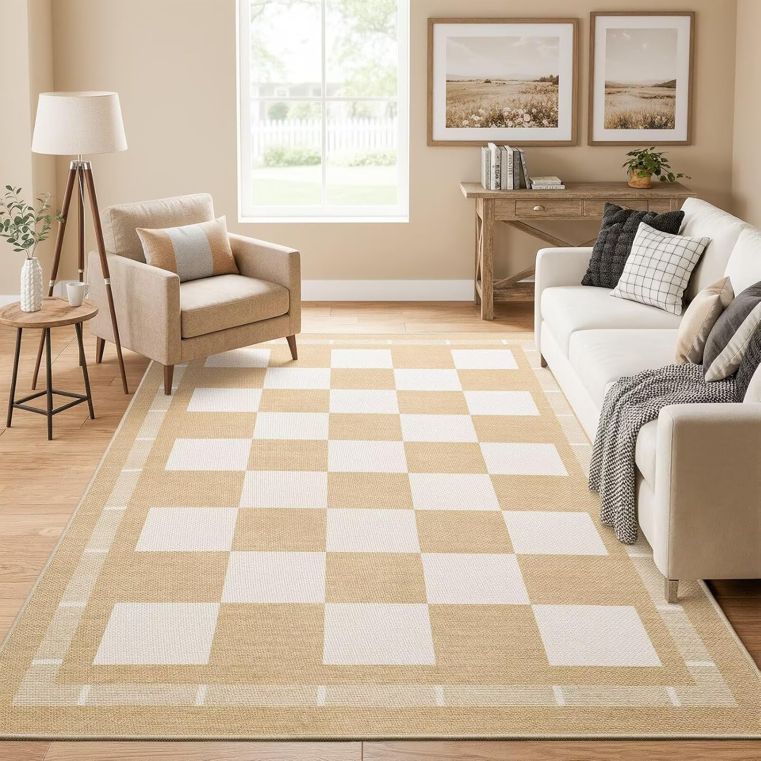 Vasofe 3x5 Plaid Rug, Jute Rugs, Washable Outdoor Indoor Checkered Carpets, Entryway Bedroom Potio Porch Kitchen Carpet, Non Slip Farmhouse Neutral Office Laundry Floor Mat, Khaki and White