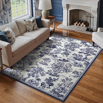 LIVEBOX 5x7 Area Rugs Toile Delft Blue Rug for Living Room, Washable Rug for Bedroom Dining Room Nursery Room, Soft Low Pile Non Slip, Vintage Animal Jungle Unique Classic Print Carpet Home Decor