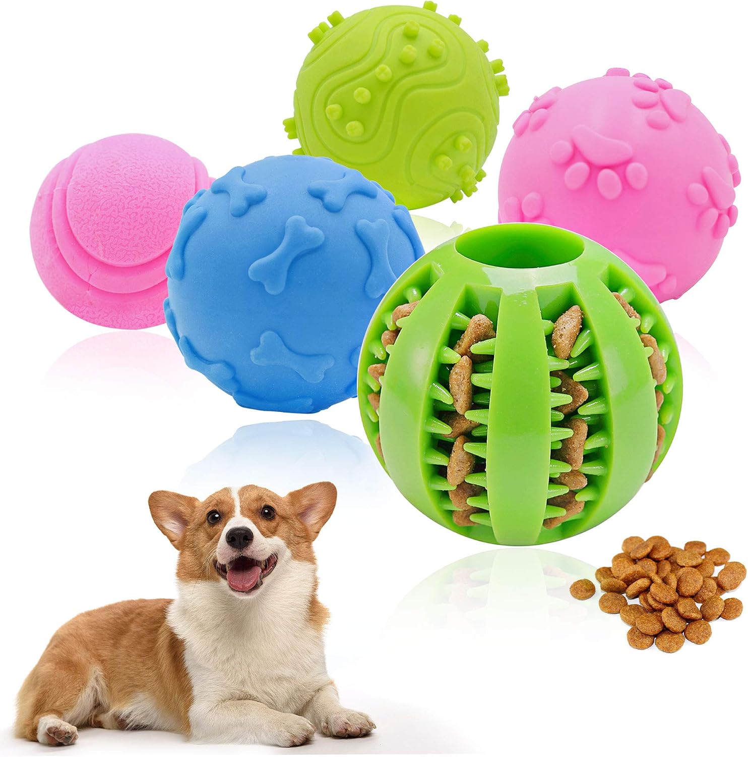 KITTAIL Puppy Teething Chew Toys Ball Interactive Dog Toys Ball - 5 Pcs Different Functions Rubber Squeaky Balls - Dog Treat Ball Food…