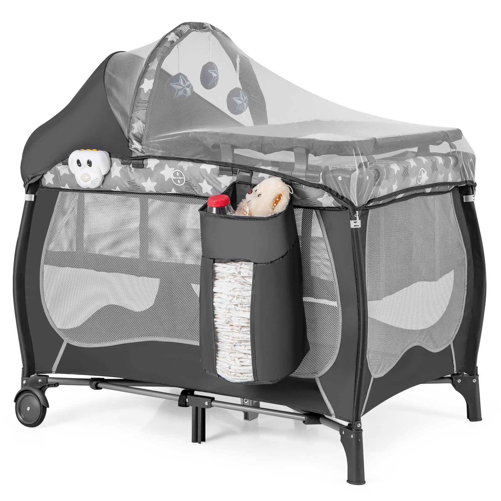 COSTWAY Cuna Bebe 4 en 1, Parque Infantil con Cuna Desmontable, Cambiador, Dosel con Red y Caja Musical para Niños, Ruedas y Bolsa de Transporte (Gris)