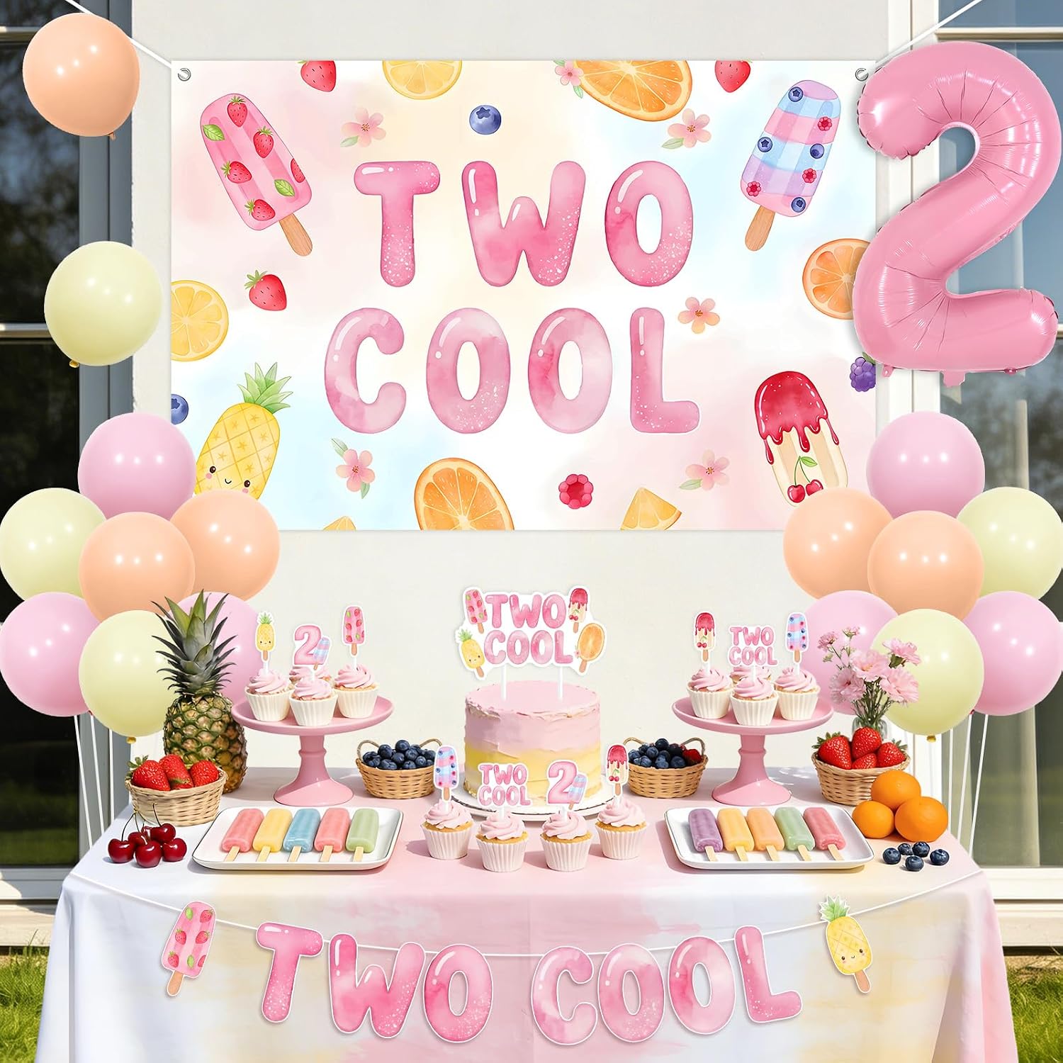 Two Cool Popsicle Birthday Party Decorations for Girls, Summer Popsicle 2nd Birthday Decoration Set with Backdrop, Banner, Cake Toppers, Balloons and Number 2 Foil Balloon image 3