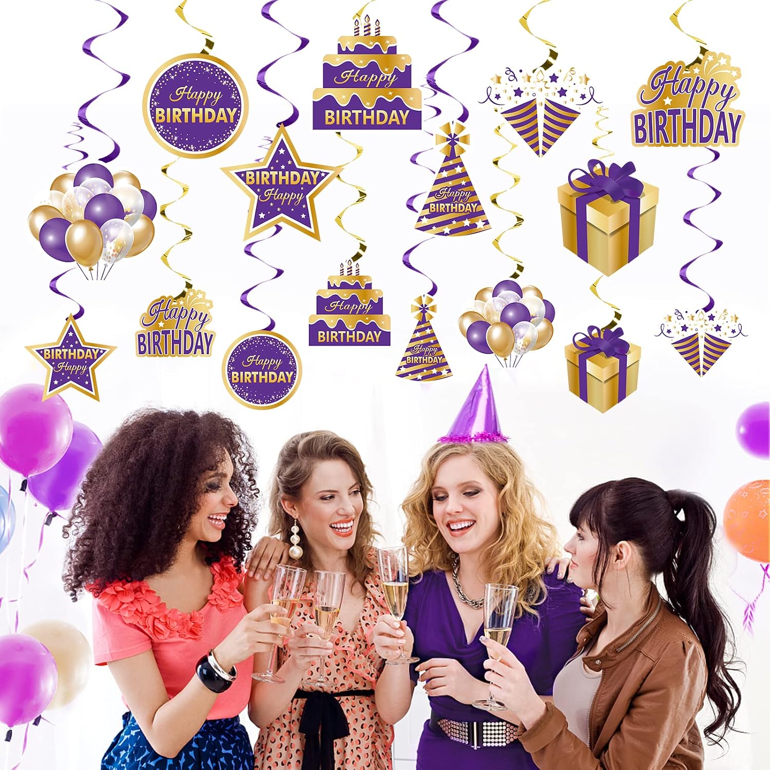 Purple Gold Happy Birthday Decorations Hanging Swirls Kit for Women Girls | Excelloon Purple Happy 10th 16th 21st 30th 40th 50th 60th Birthday Foil Swirls Sign Decor Party Supplies for Indoor Outdoor