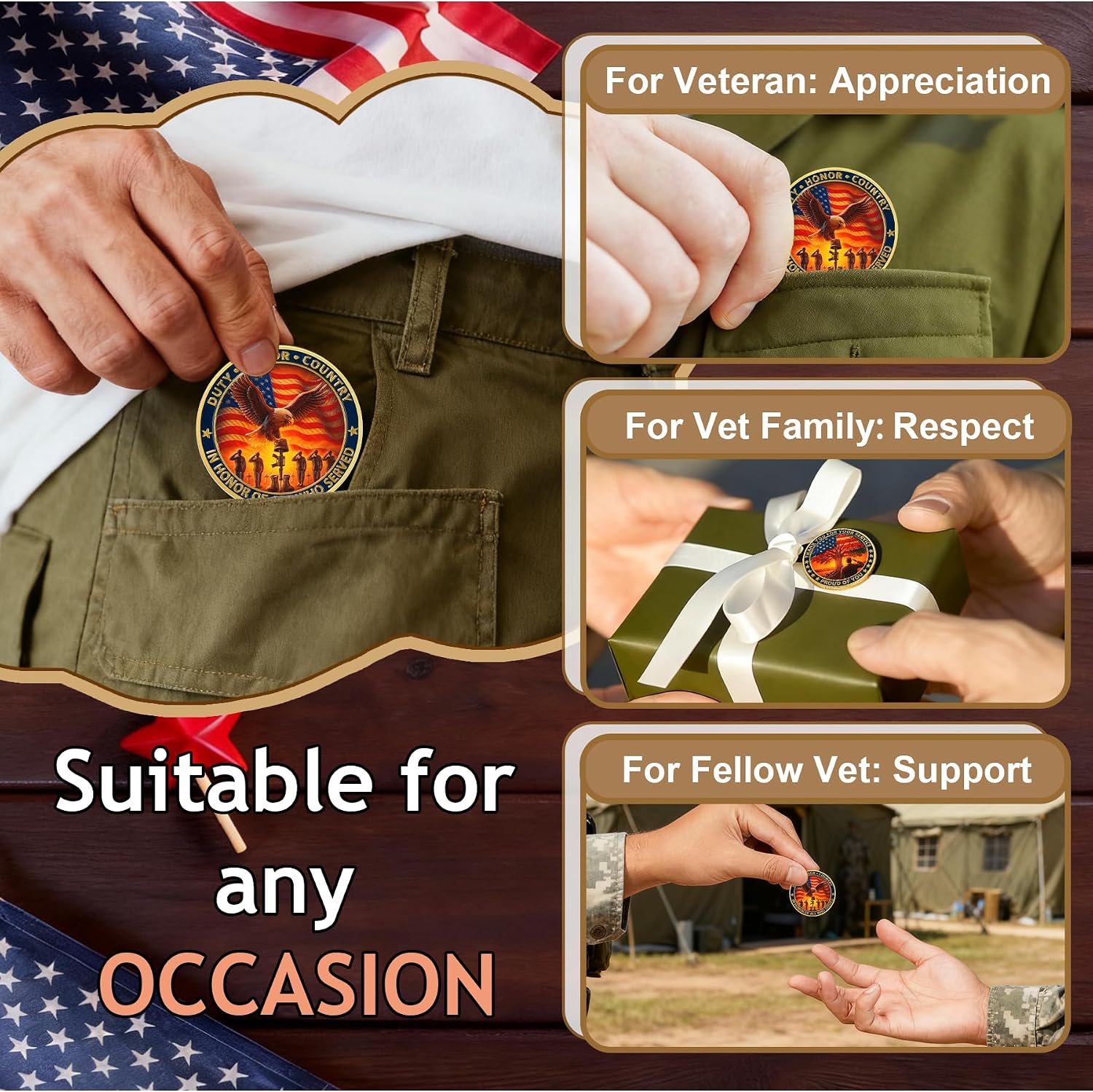 BHealthLife Veterans Coins for Honoring All Who Served - Bulk Thank You for Your Service Coins with US Flag Tree Design - Memorial Day Veterans Day Gifts for Veterans Military Gifts for Men