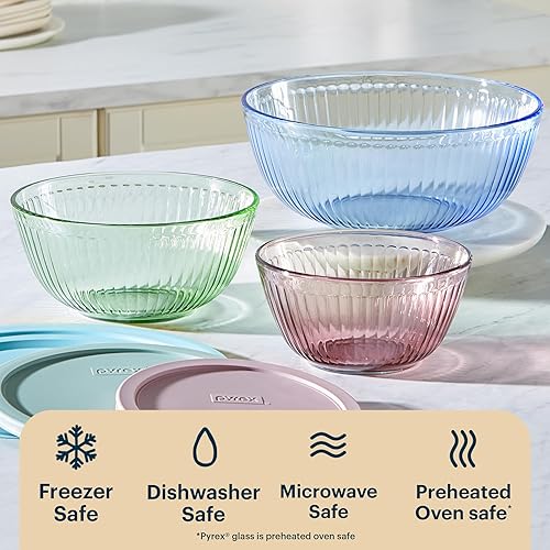 Miniatura 6 de Pyrex Colores Tintados (Paquete de 3, Juego Completo) Tazones de Mezcla de Vidrio Tintado Esculpido con Tapas, Juego de Tazones Anidables que
