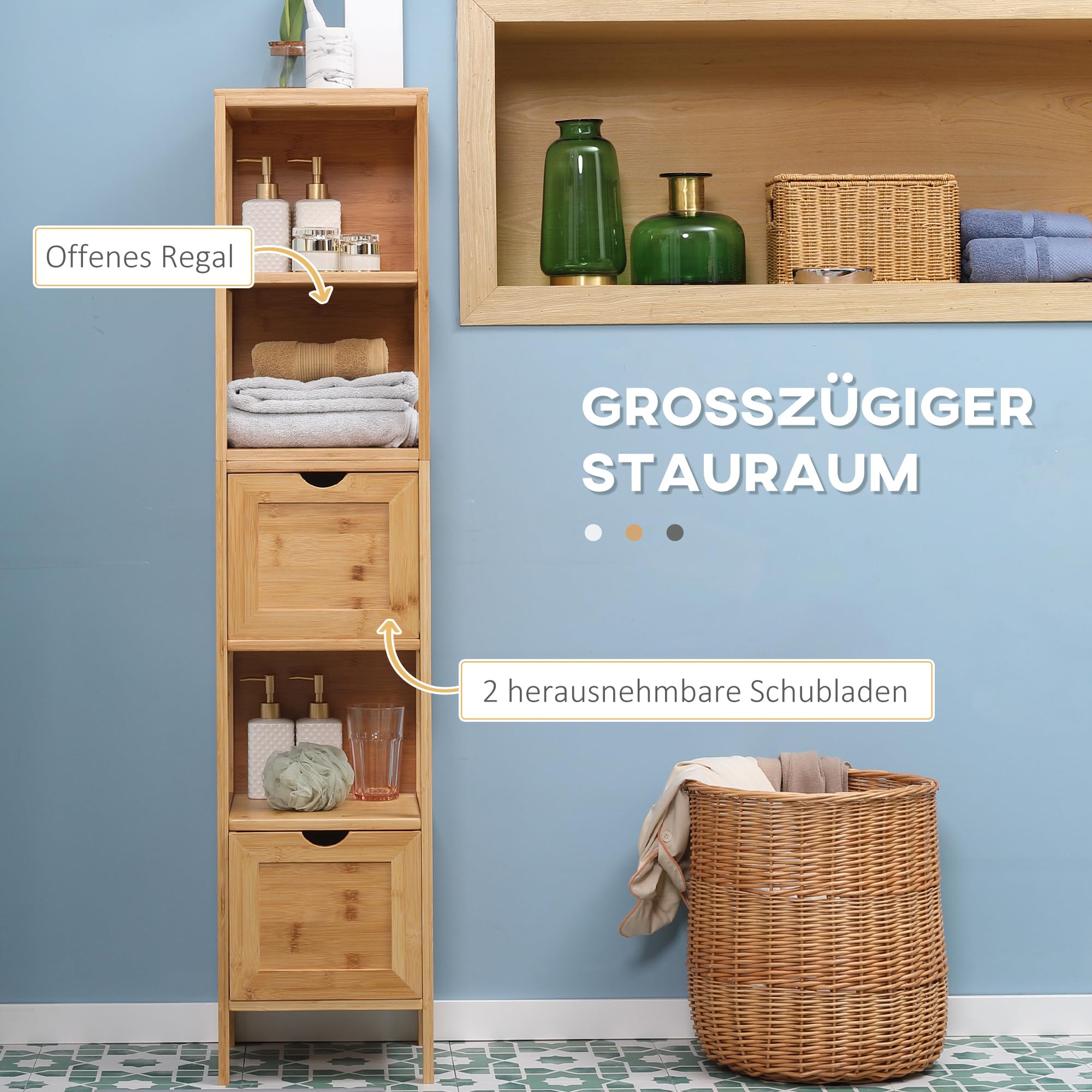 Szafka łazienkowa kleankin, wysoka szafka bambusowa, szafka łazienkowa z 3 półkami i szufladami 2, szafka boczna, wielofunkcyjna szafka z zabezpieczeniem pochylenia, naturalne drewno, 30 x 30 x 140 cm
