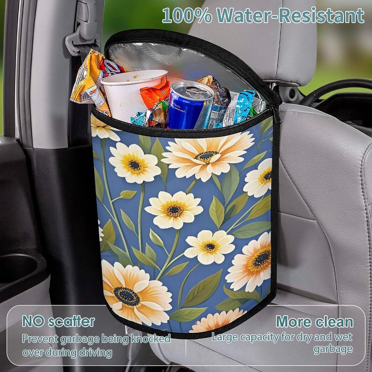 Flowers on Background Car Trash Can with Lid Large Capacity Car Trash Bag Hanging Back Seat Leakproof Vehicle Garbage Organizer Holder Foldable Cars Garbage Bag for Home Travel